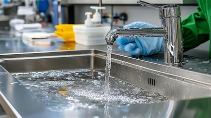 Stainless steel sink in a lab setting, water running from a faucet. Hands in blue gloves operate the tap showing how to reduce water consumption in the laboratory
