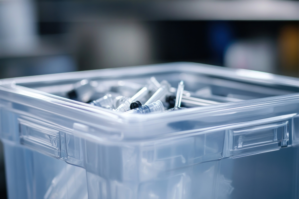 Clinical lab waste bin with syringes and test tubes disposal