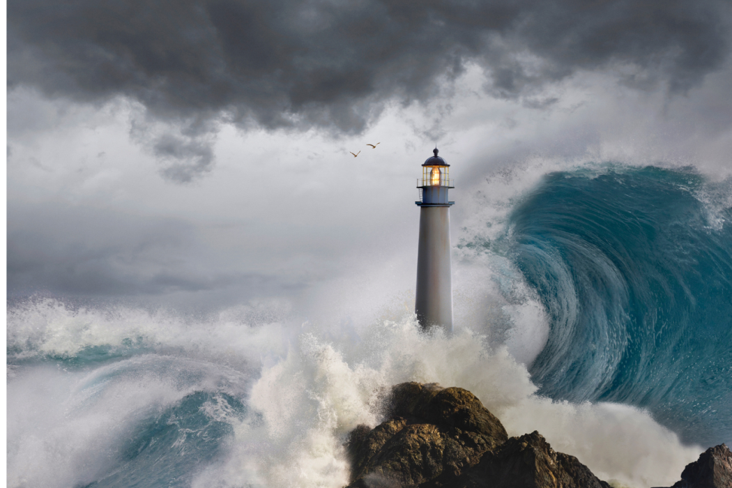 Illustration of a lighthouse surrounded by gray skies and large waves